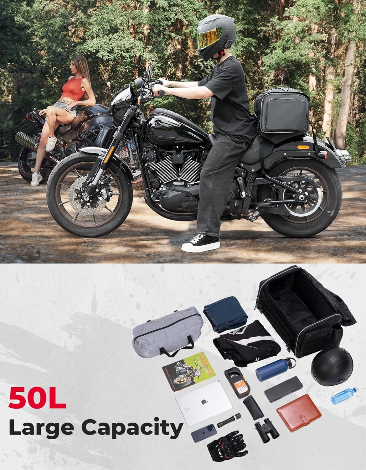 KEMIMOTO Motorcycle Tail Bag, Dual Use Motorcycle Rear Seat Bag with Waterproof Rain Cover, 50L Expandable Motorbike Helmet Bag Luggage Storage Backpack