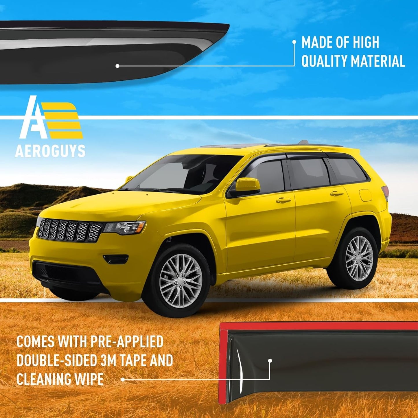 Extra Durable Window Deflectors Tape-On Window Visors Rain Guards Fit for Jeep Grand Cherokee 2011-2021, Sun Visors, Wind Vent for Shades, Exterior Car Accessories - 6pcs. AG0531