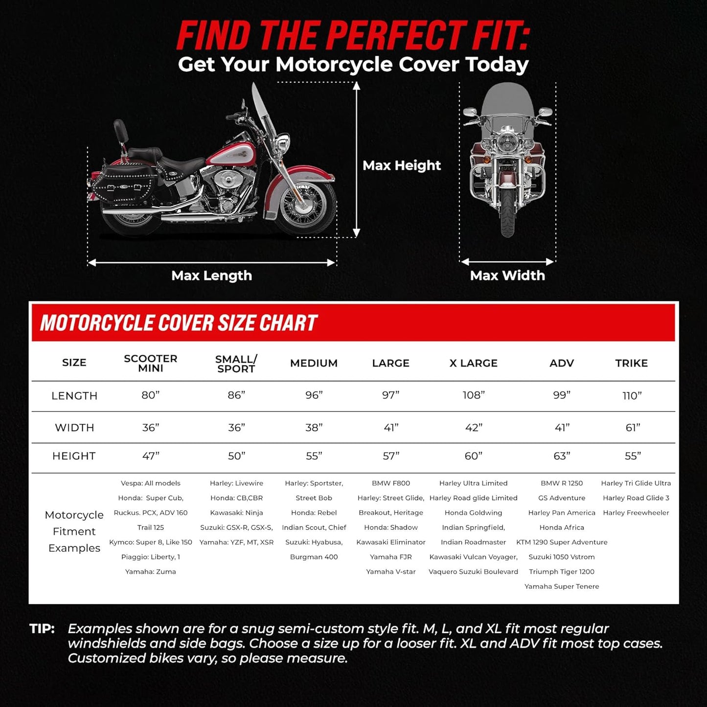 Badass Moto Ultimate Motorcycle Cover Waterproof Outdoor Heavy Duty Fits Harley Davidson Sportster Cover Durable Rain Sun Weather Shelter For Triumph, Fat Bob, Indian Scout, Sport Bike, Medium Cruiser