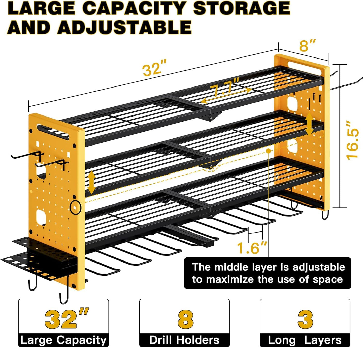 Power Tool Organizer Wall Mount,Cordless Drill Organizer,4 Layers Large Capacity Tool Rack with 8 Drill Holders(YELLOW)