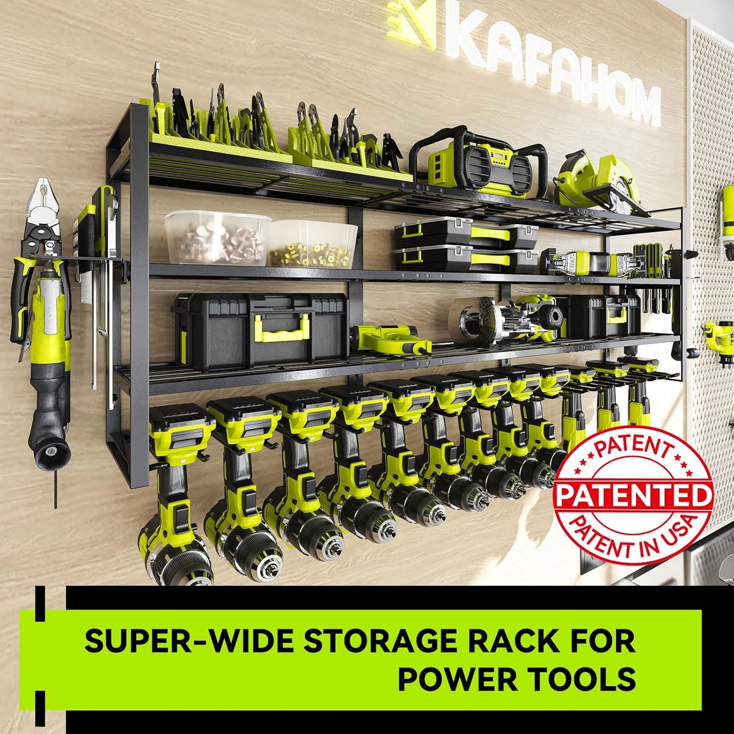 KAFAHOM Large Power Tool Organizer Wall Mount-13 Drill Holder for Garage,4 Layer Power Tool Rack,Tool Organizer and Storage with 2 New Accessories, Gifts Idea for Men Dad Husband
