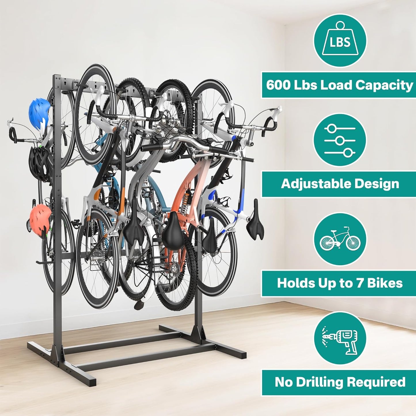 EVERHANGER Freestanding Bike Stand Rack with Adjustable Hooks, Vertical Bike Stand for Garage, Bicycle Storage Organizer, Holds Up to 7 Bikes & 7 Helmets