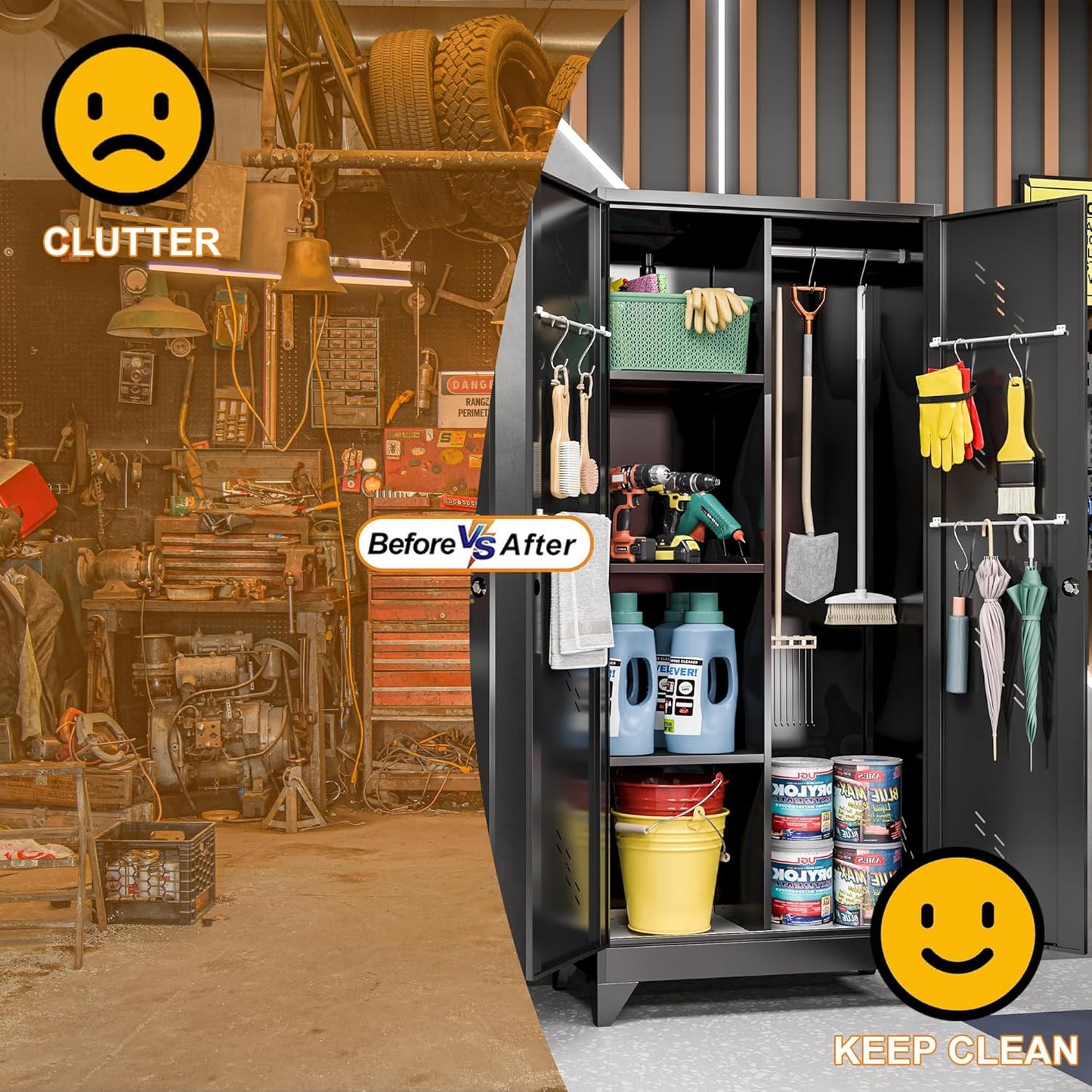 Metal Garage Storage Cabinet, Kitchen Pantry with Doors and Shelves, Broom Organizer Storage Tool Racks,Cleaning Cabinet with Stainless Steel Leak (H71* D16.53*L31.5in)