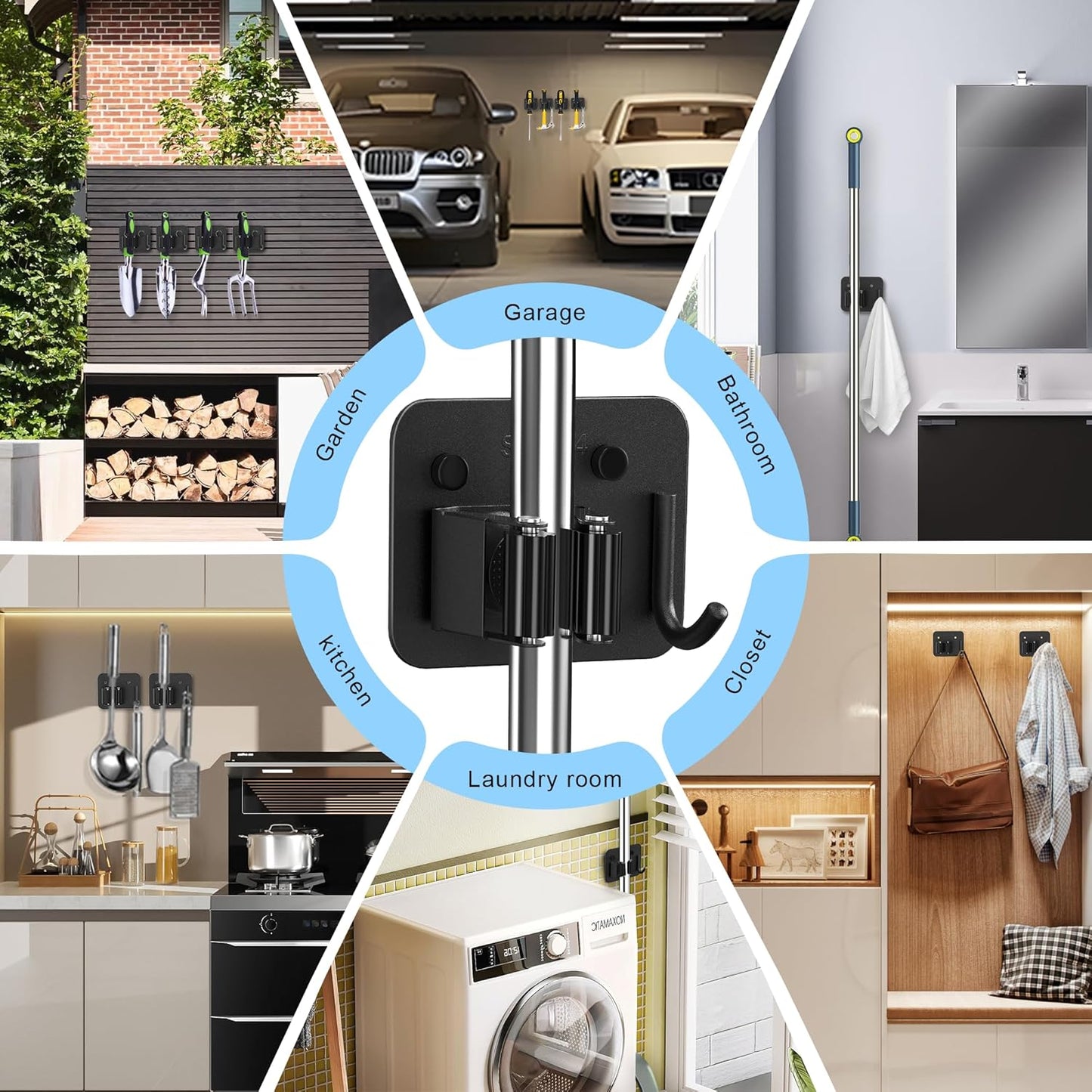 4 Pack Mop and Broom Holder Wall Mount - Stainless Steel Broom Mop Hanger - Wall Mounted Garden Tool Rack Organizer for Closet Garage Laundry Room Kitchen Decor (Black)