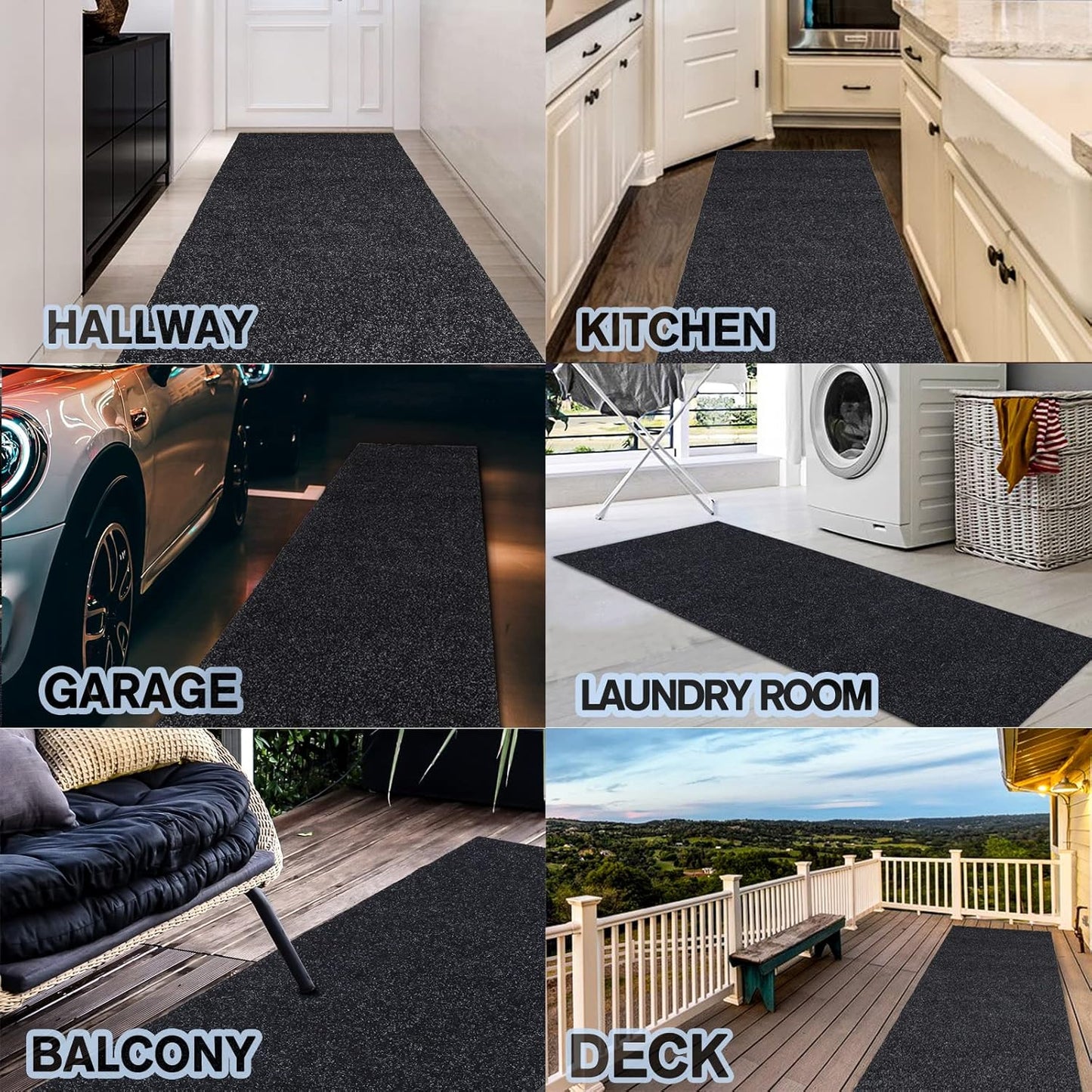 Custom Size Backed Non-Slip Area Rugs Runner, Easy Clean, Waterproof Runner Rugs for Hallway Entryway, Kitchen, Laundry, 2FT x 73FT, Black
