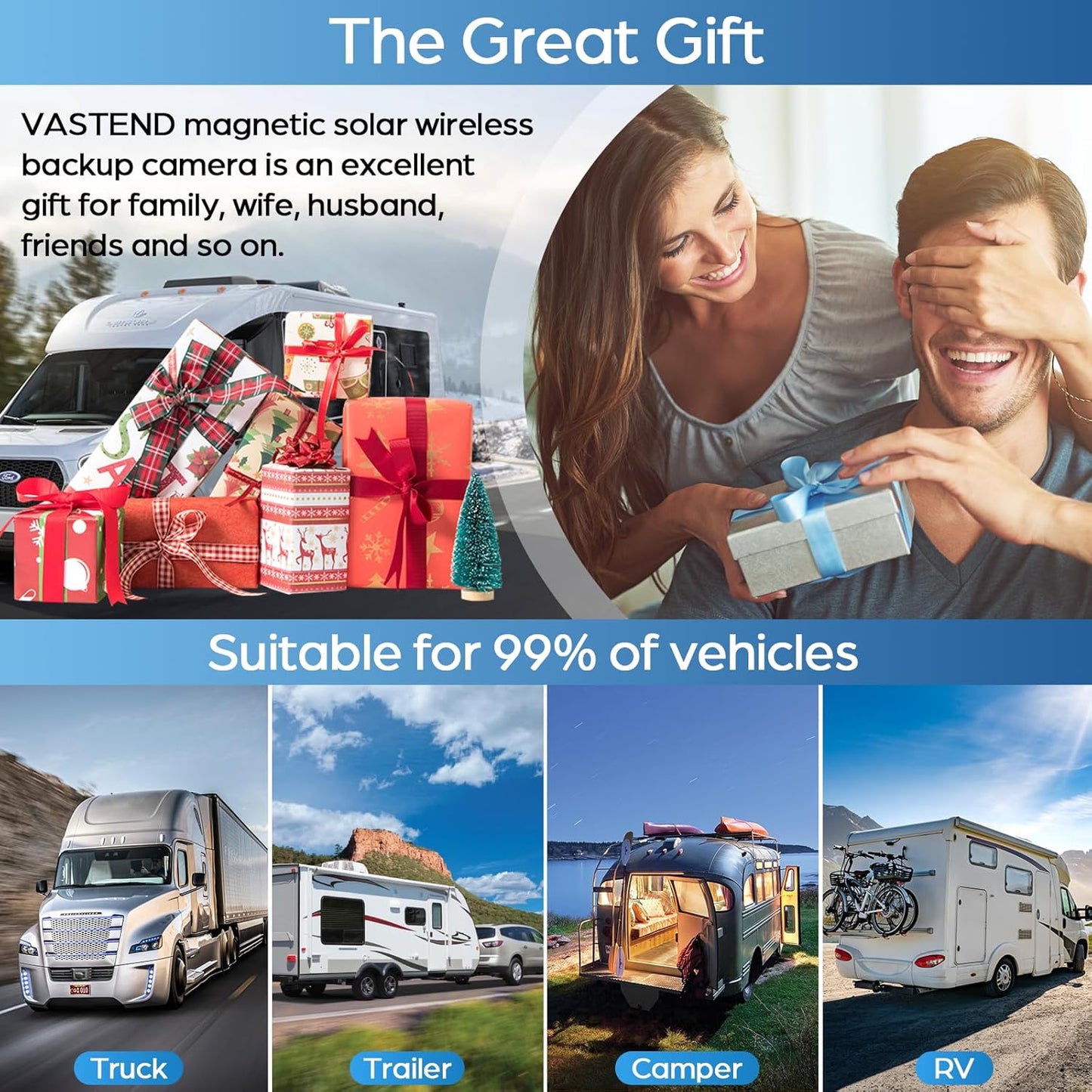 Magnetic Solar Wireless Backup Camera No Installation VASTEND 1080P 7'' RV Backup Camera with 10000mAh Rechargeable Battery for Box Truck Trailer Camper Car Caravan Rearview Reversing Camera (VS-7A)