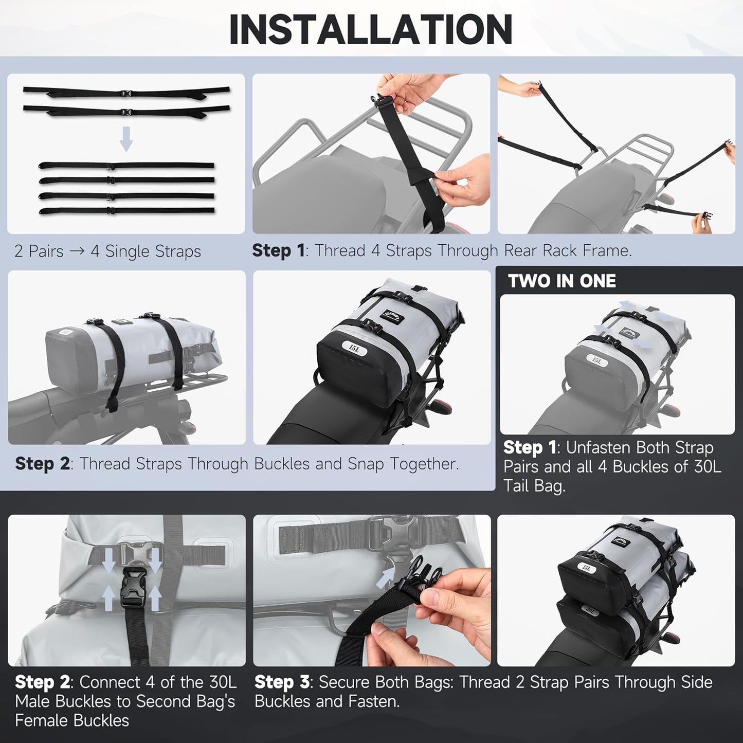 Motorcycle Tail Bag, 15L Waterproof Motorcycle Saddle Bag, 2 Size and 3 Color Options Luggage Bag, PVC Travel Bag, Rear Seat Bag, Stone Grey GT-15GRY