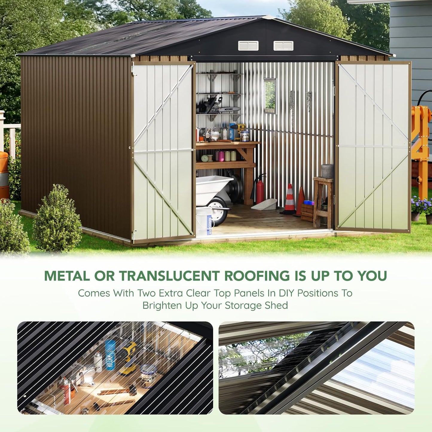 10X12X7.5 FT Outdoor Steel Storage Shed with Lockable Doors, 2 Windows, Transparent Roof Panels (Wood Panels & Frame Floor Not Included), Ideal for Patio Storage,Garbage Can, Chicken Coop,Brown