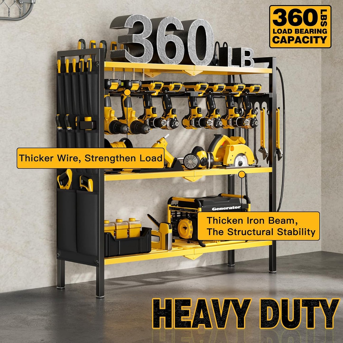 Large Power Tool Organizer Cart with Charging Station 8 Drill Holder Garage Storage Standing Heavy Duty and Stability Storage Rack Utility Tool Shelf (Yellow)