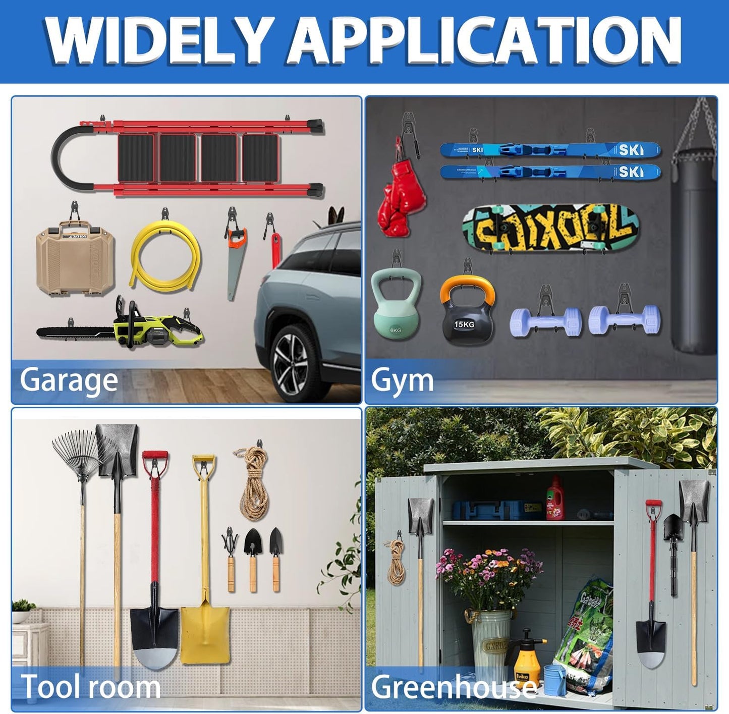 Garage Storage Hooks 14PC, Garage Wall Hooks with 1 Extra Round Strengthen Welding Spot for Hanging & Organizing Shovel, Rake, Chair, Hose(Black)
