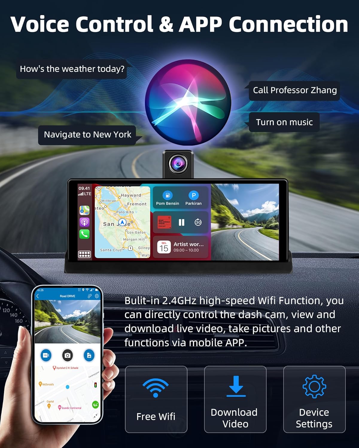 【350° Rotatable Lens】10.26''Wireless Apple CarPlay Screen for Car & 4K Dash Cam Portable Android Auto Car Stereo, Car Audio Receivers 1080P Backup Camera, Bluetooth/GPS Navigation/AirPlay/Googel/Siri