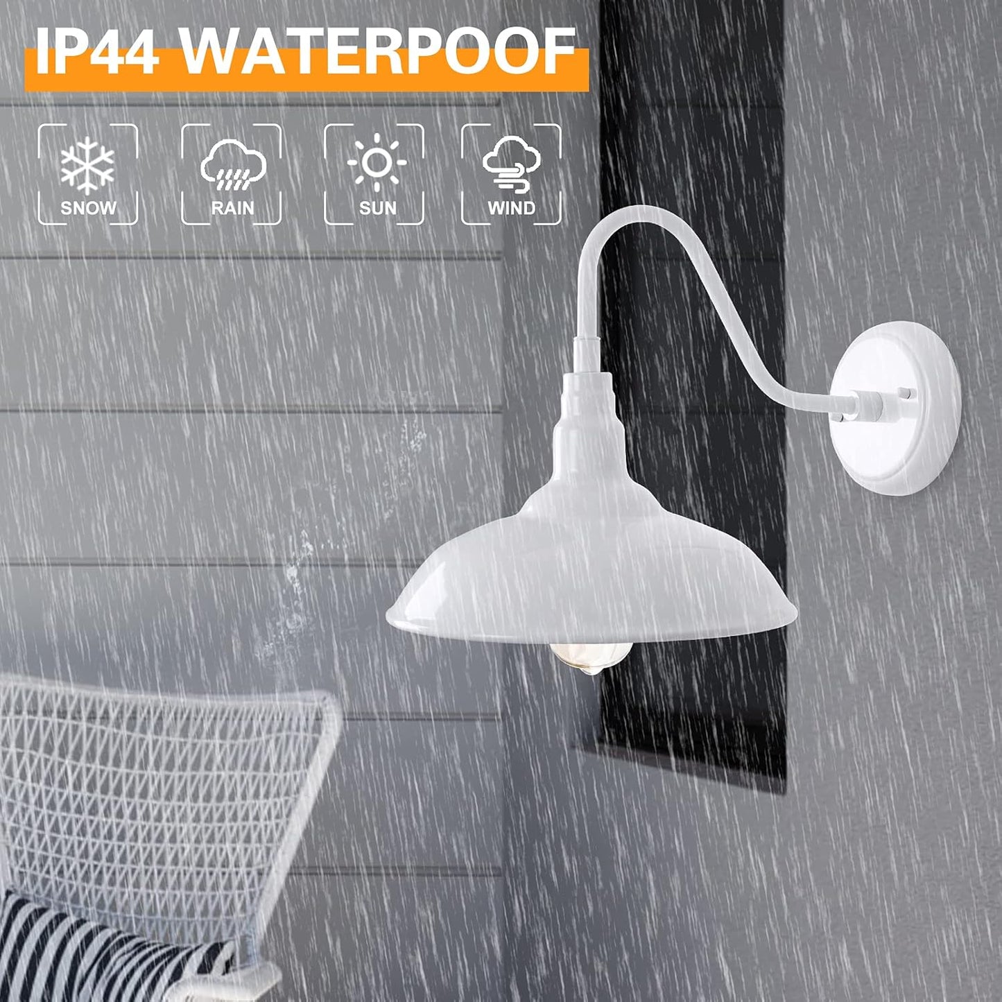 10'' Diameter Outdoor Gooseneck Barn Light Fixture with Wall Mount, White Exterior Waterproof Porch Barn Door Wall Lantern, Farmhouse Outdoor Wall Sconce, 1 Pack, LM2201-WH