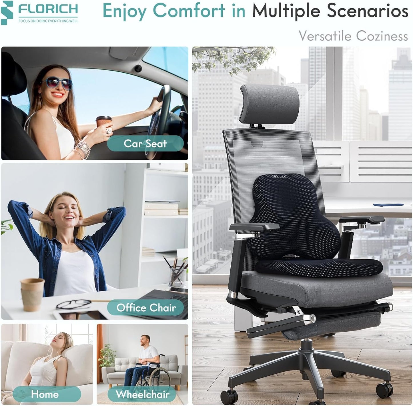 FLORICH Car Seat Cushion and Lumbar Support Pillow for Office Chair Car, Ergonomic Memory Foam, Relieves Back Sciatica Pain, Pressure-Relieving Back Support for Car, Office Chair & Wheelchair – Black
