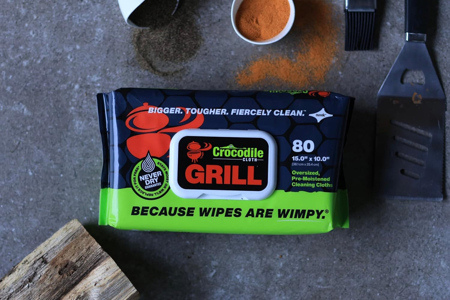 Crocodile Cloth Grill - 8 pack. 640 (15" x 10") Plant-based Cleaning Wipes. Safe on Skin & Multiple Surfaces. Infused with Aloe & Vitamin E. Large, Pre-Moistened & Absorbent.