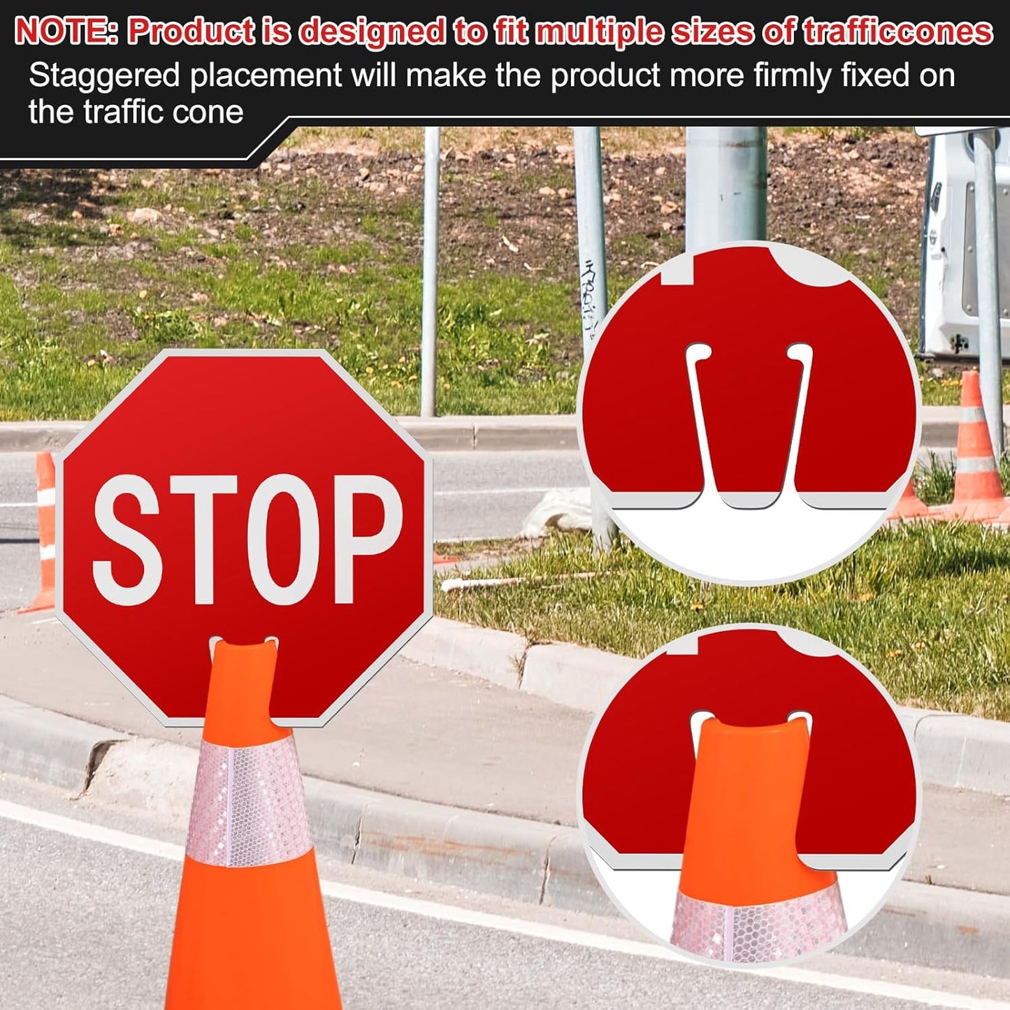 Geetery 3 Pcs Stop Signs 12 x 12 Inches PVC Traffic Cones Top Warning Signs Double Sided for Street Road Barricade Outdoor Weather Resistant Construction