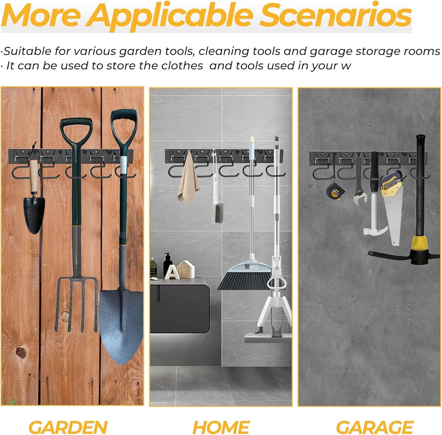 51 Inch Garden Tool Organizer Wall Mount with Non Slip Rubber Coated Metal Hooks, Storage Rack for Indoor/Outdoor Shovel, Rake, Mop and Broom Holder Wall Mount ( 15 Hooks+15 Holders