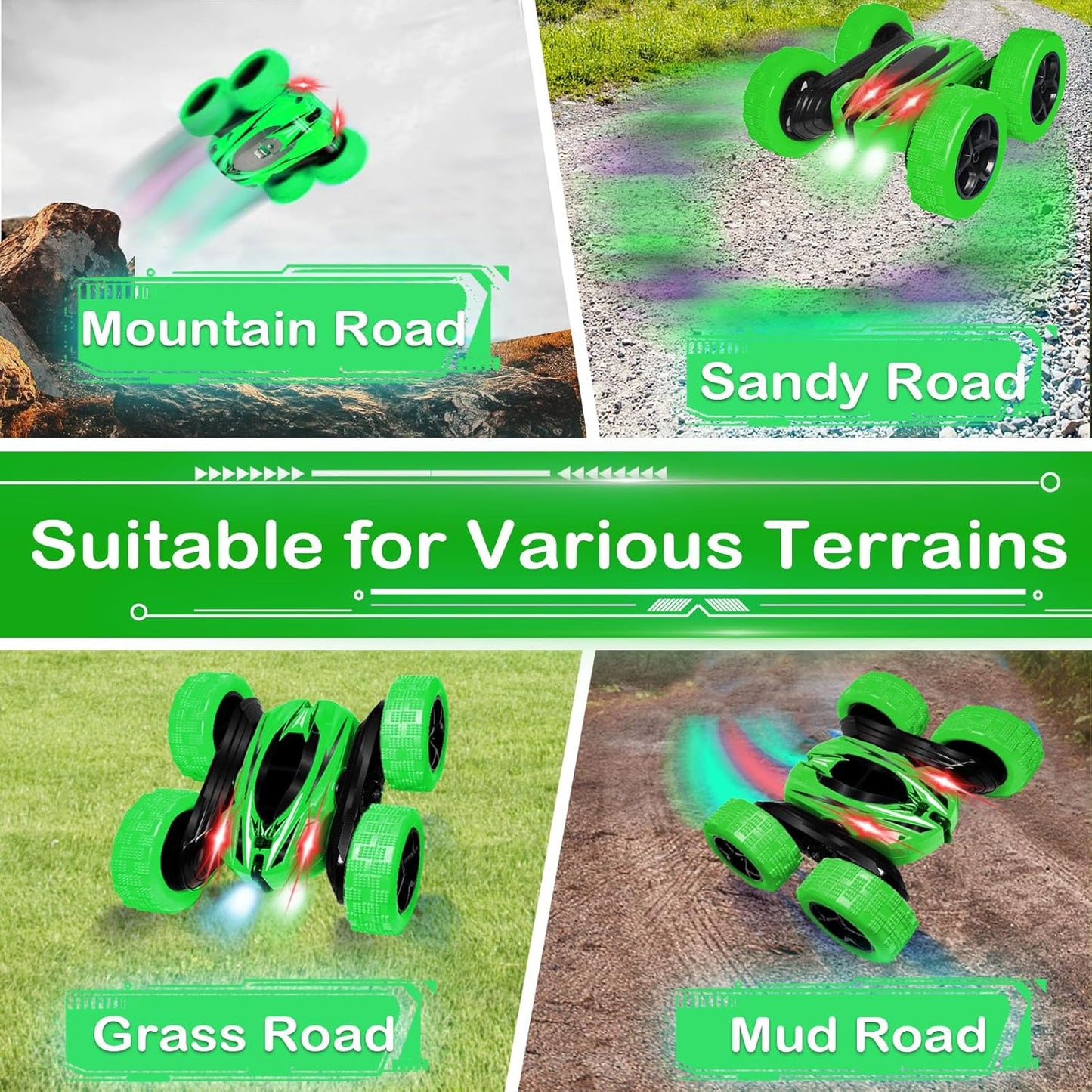 FREE TO FLY Remote Control Car for Boys 8-12: 2.4Ghz Electric Rechargeable Race Stunt Cars Double Sided 360 Rolling Rotating Rotation with Led Headlights