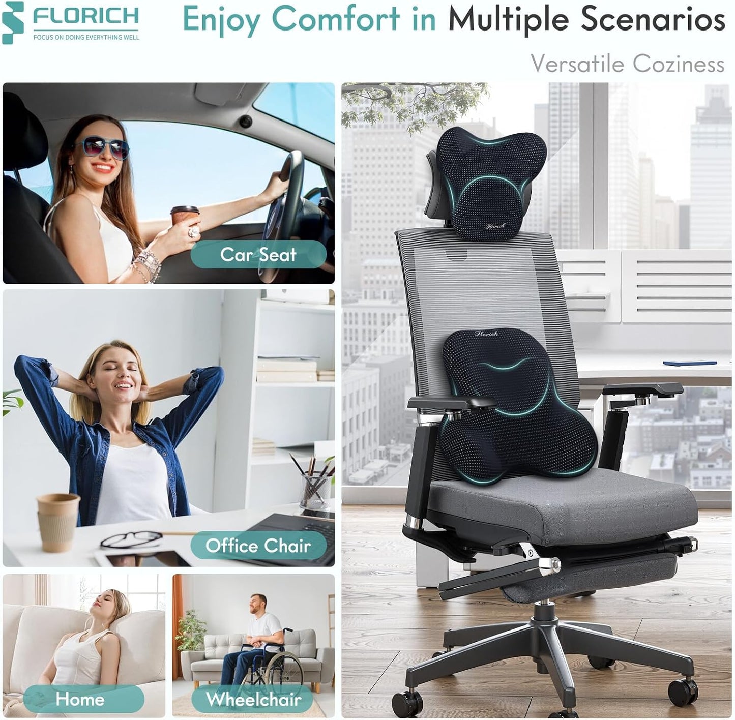 FLORICH Lumbar Support Pillow and Neck Headrest Pillow for Office Chair Car, Ergonomic Memory Foam, Relieves Neck, Back Pain, Pressure-Relieving Back Support for Car, Office Chair & Wheelchair – Black