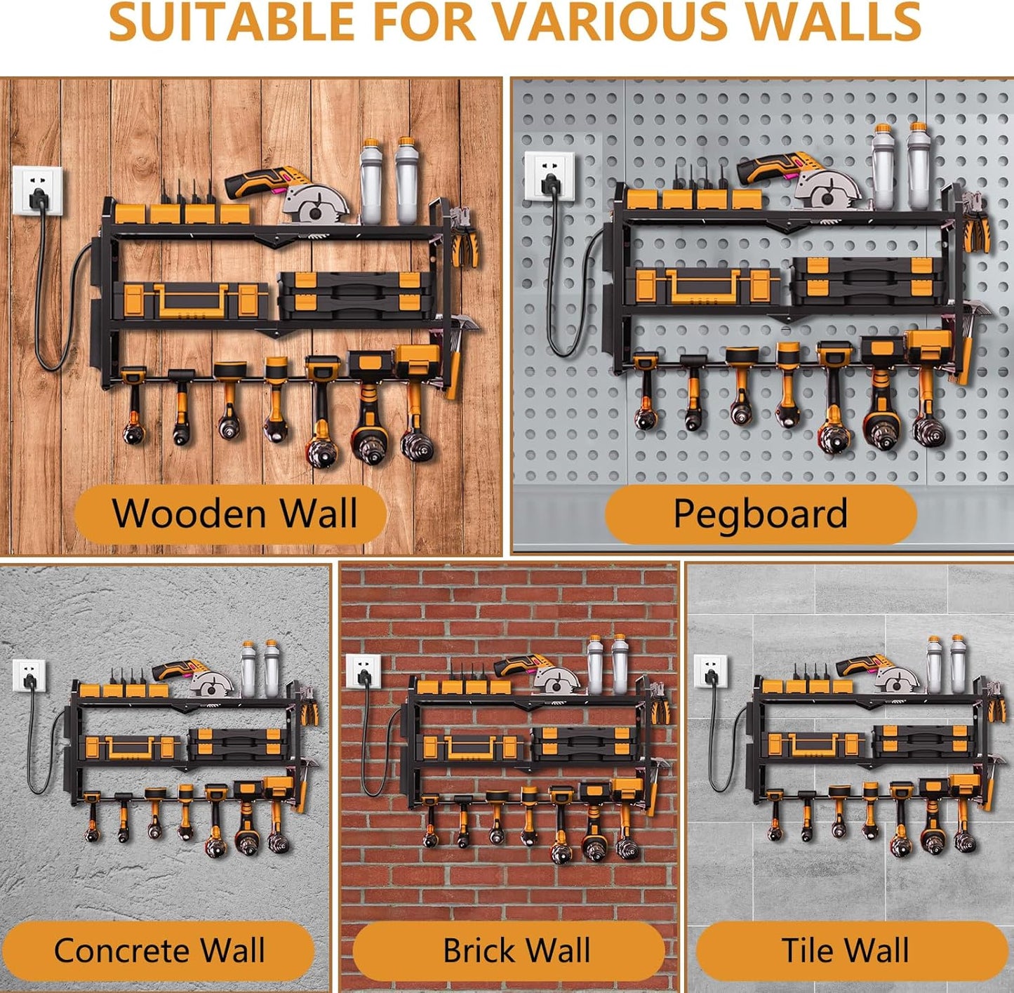 Power Tool Organizer with Charging Station: 7 Cordless Drills Holder Wall Mount Power Tool Shelf Storage Systems with 4 Outlet Power Strip, Electric Tool Storage Rack for Garage Organization/Workshop
