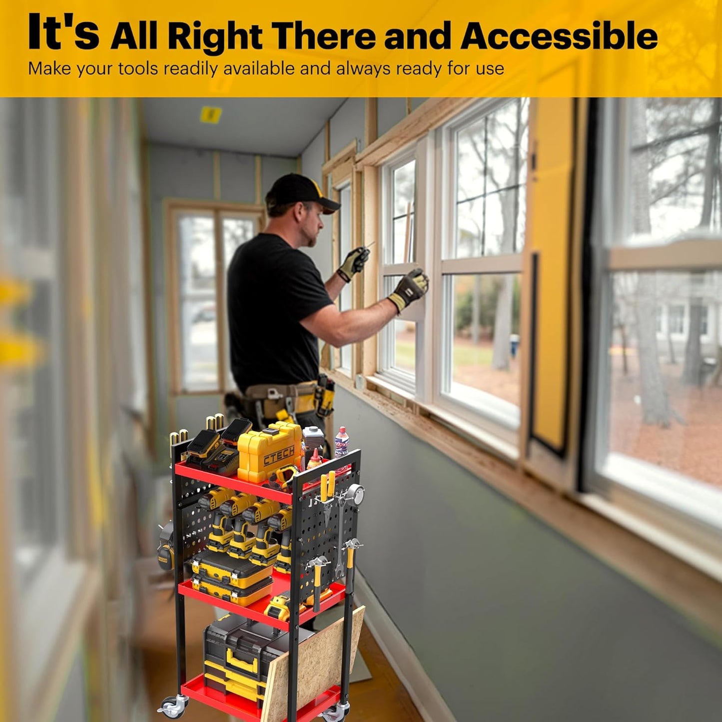 Power Tool Organizer Cart, Garage Tool Storage, Heavy Duty 4 Tier Floor Standing Rolling Shelf with Wheels, Mobile Workbench for Garage Workshop Home Repair, Gift for Father Men Husband, Red