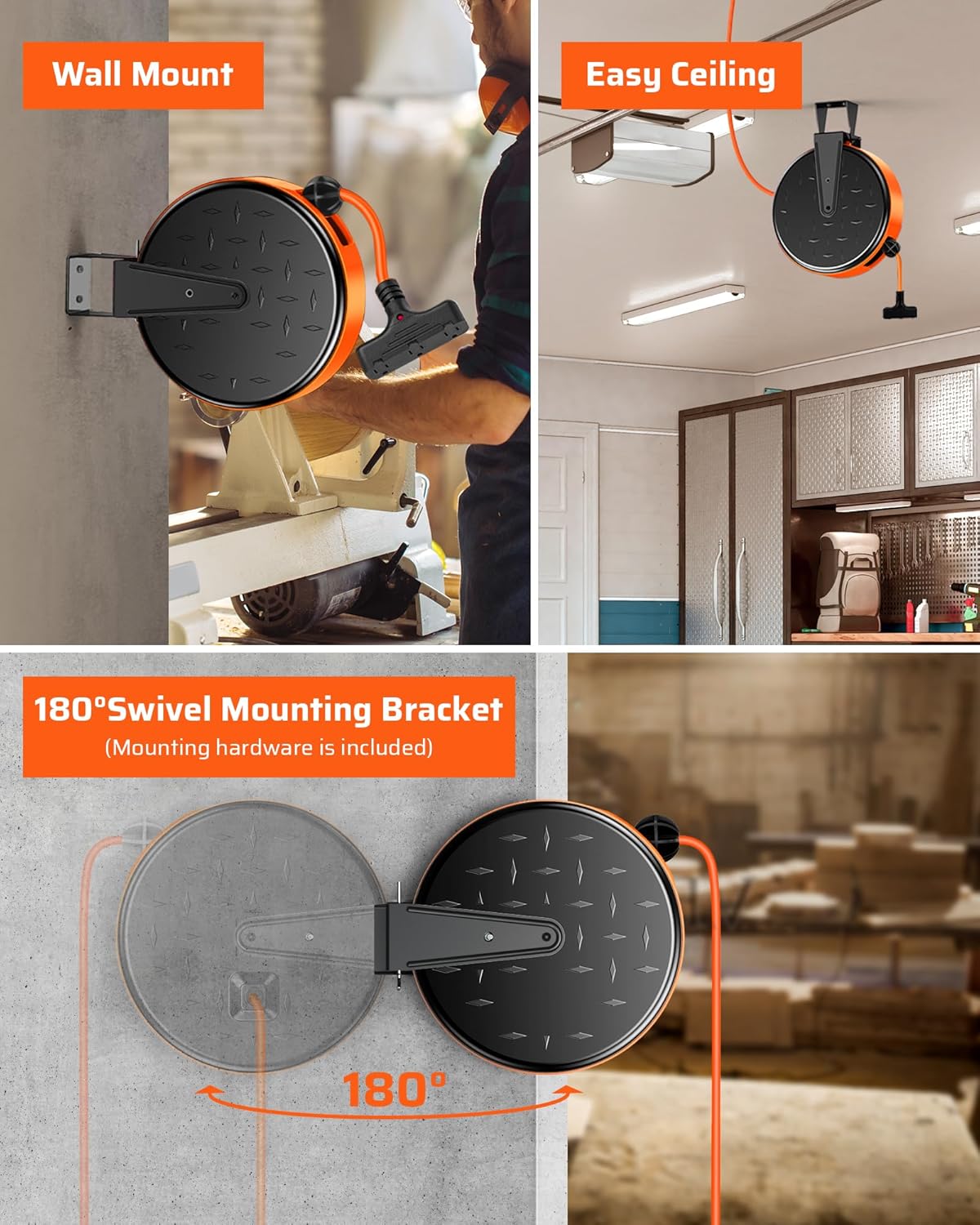 DEWENWILS 30FT Extension Cord Reel, 16/3 Gauge SJTW Power Cord, Retractable Cord Reel with 3 Outlets, Ceiling/Wall Mount for Garage, Workshop, 10A Circuit Breaker, Metal Plate, UL Listed, Orange