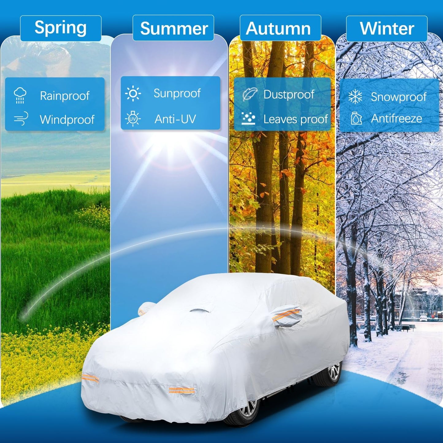 30 Layers Heavy Duty SUV Car Cover for Automobiles All Weather Waterproof, Outdoor Snowproof UV Protection Windproof, Door Zipper, Soft Cotton Universal Car Covers (Silver, Fit SUV 181"-190")