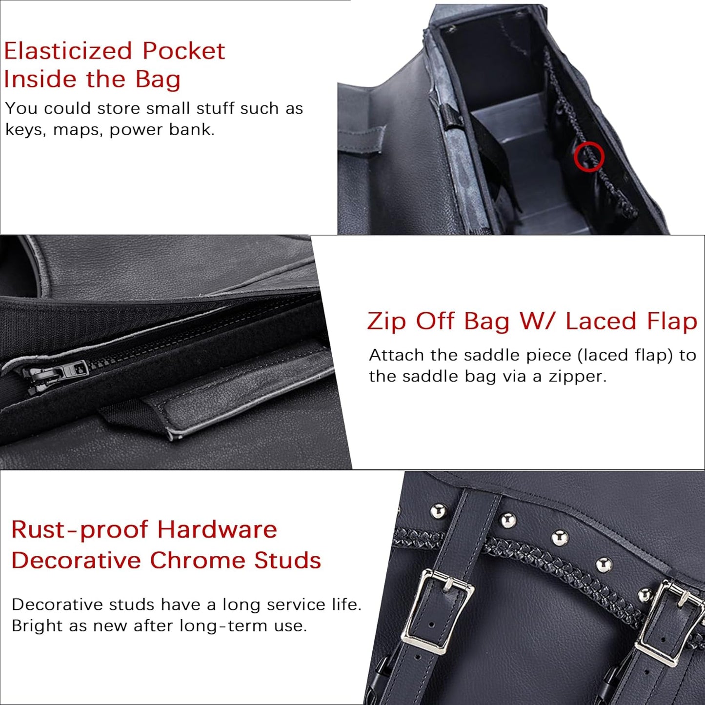 Dream Apparel Naked Cowhide Leather Motorcycle Saddle Bags Studded Throw Over Saddlebags, Motorcycle Side Bags for Honda Shadow Sportster Softail Dyna V-star (Black, With Studs)