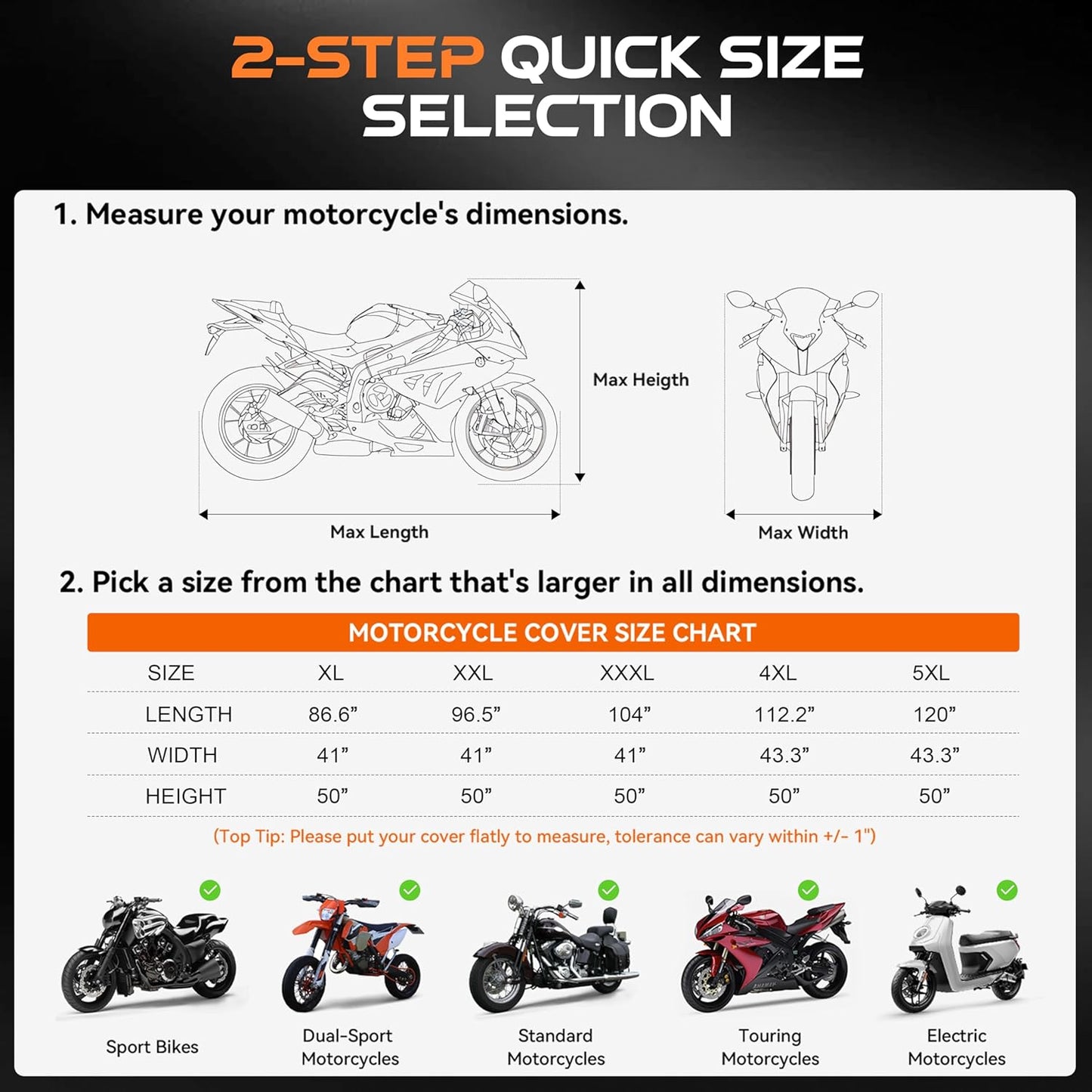 Motorcycle Cover Waterproof Outdoor, 300D Heavy Duty, UV & Rain Resistant, Windproof with 3 Buckles, Fits Most Motorcycles, Cruisers, Sportbikes, Dirt Bikes, Scooters up to 96.5" - XXL Size