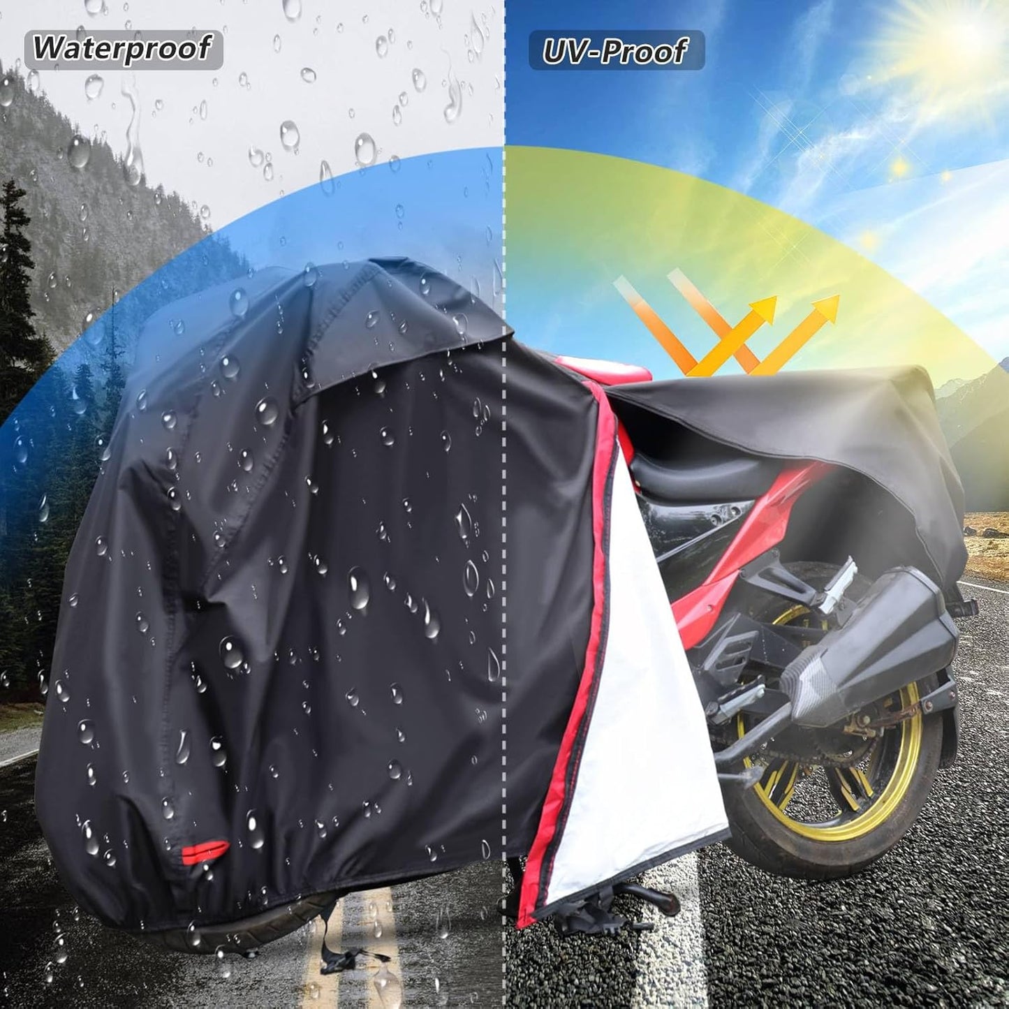 Motorcycle Cover,Waterproof Zipper Outdoor Cover for All Seasons Windproof, High Heat Resistance Dustproof and Rainproof Snowproof(Red Zipper L Fits Up to 91 inch)