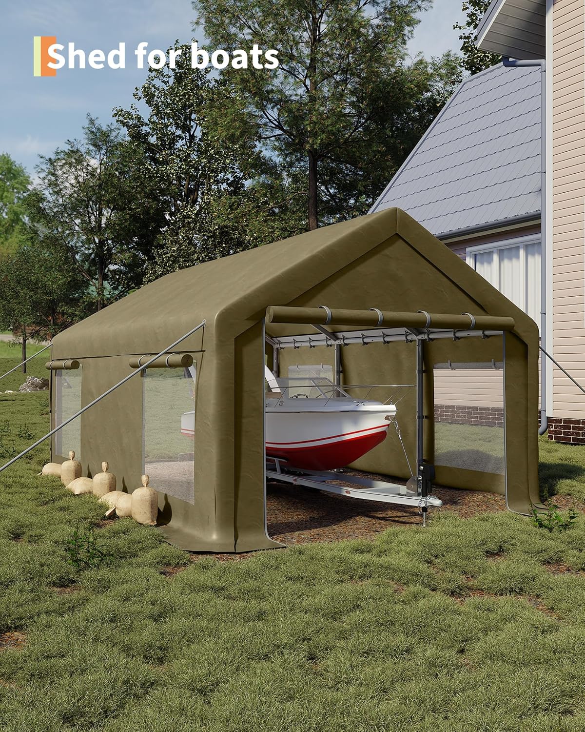13x20 Ft Carport with 8 Sandbags, Car Port with 220g PE Tarp, 2 Roll-Up Doors, and 4 Windows, for Full-Size Pickups, Bass Boats, Tractors, and SUVs, Khaki