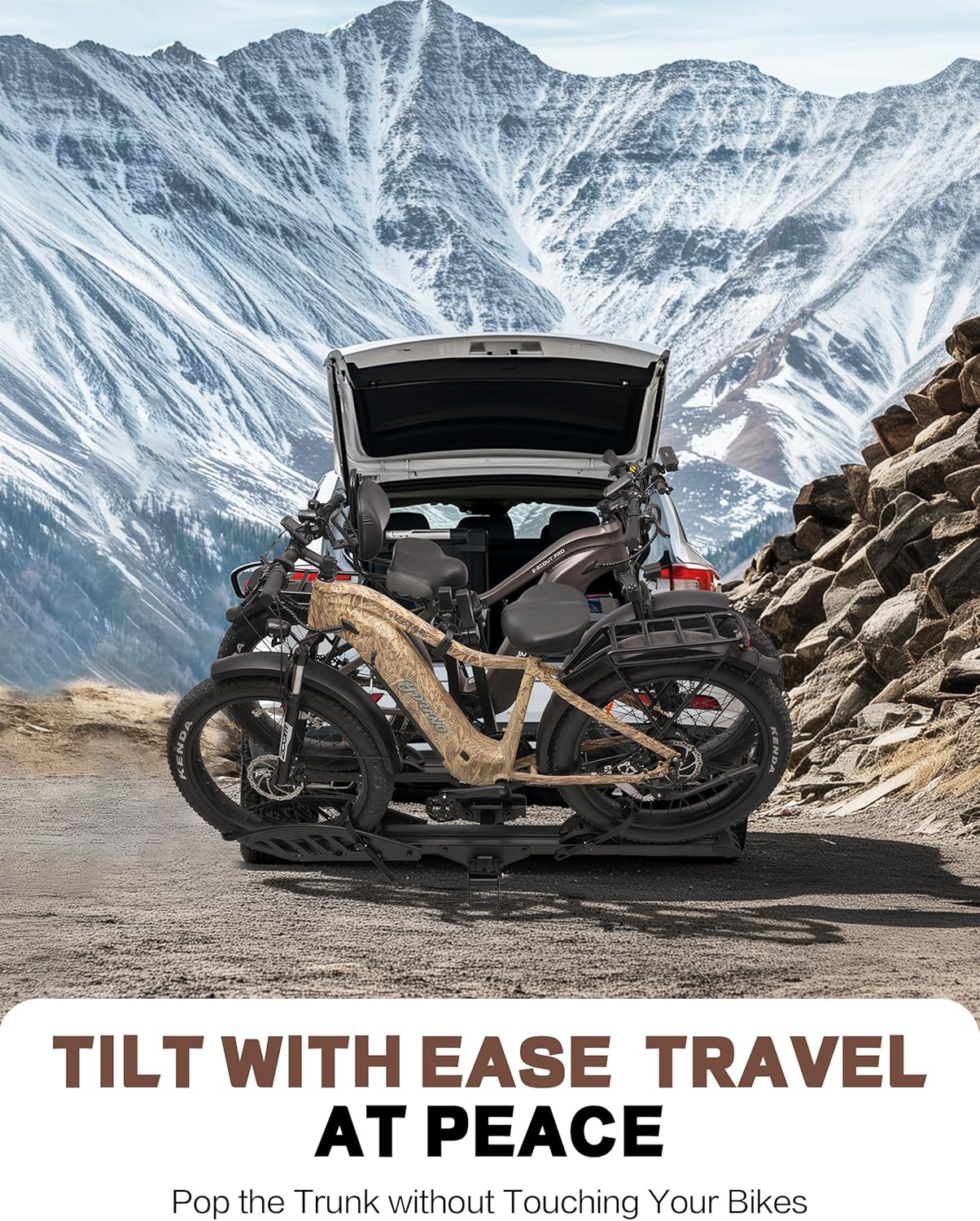 E-Bike Rack with Ramp, Hitch 2 Bike Rack, 200 lbs Capacity Electric Bike Carrier, Foldable Platform Mount for Cars, Trucks, SUVs, Minivans, Up to 5-Inch Fat Tire for 2'' Receiver