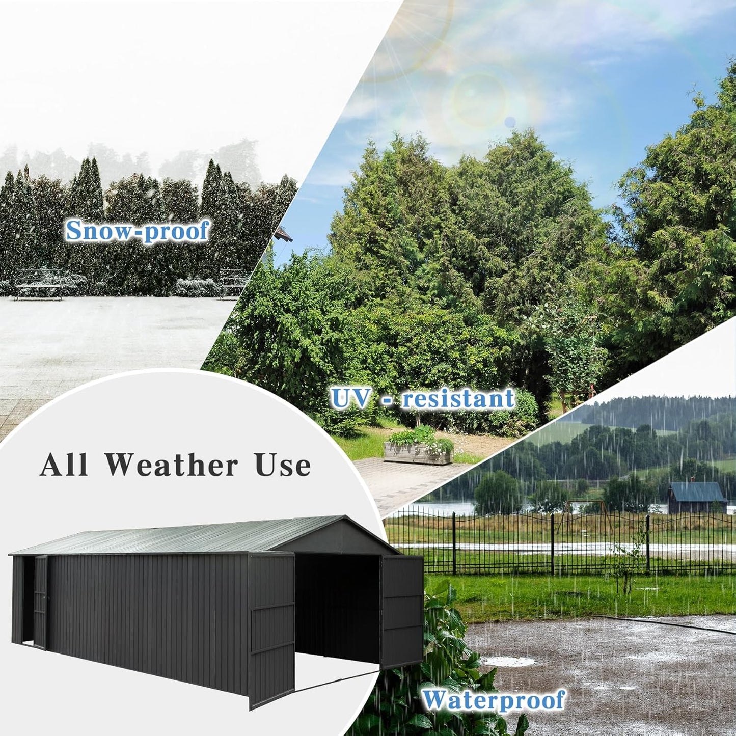 Domi 12x25FT Outdoor Metal Garage Shed, Extra Large Carport with Skylights & Dual-Entry, Backyard Storage Shed for Car, Truck, Lawn Mower and Tool, Dark Grey