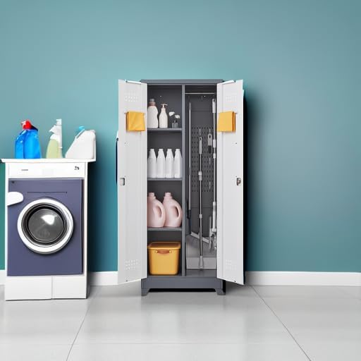 GREATMEET 65" Garage Storage Cabinet, Broom Closet Storage Cabinet, Metal Cabinets with Doors and Shelves, Utility Closet for Brooms and Mops, Utility Cabinets for Storage, Grey&White