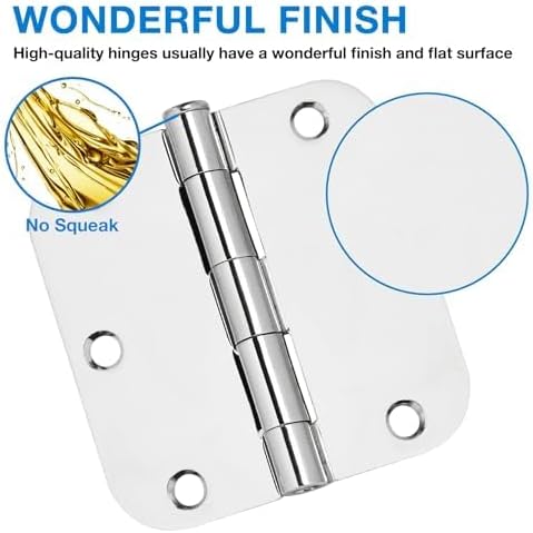 18 Pack Interior Door Hinges Polished Chrome 3.5 inch X 3-1/2" 5/8 Radius,3 ½"Bright Sliver Round Standard Hinge for Doors DIY Assembly Bifold Table Hardware Kit Home Accessories House Eseentials