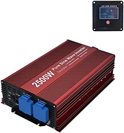 2500W Pure Sine Wave Inverter 12V to 120V AC with 2 AC outlets, DC5V 2 Amp USB Output, LCD Display Wire Remote kit and Heavy Duty Battery Cables.