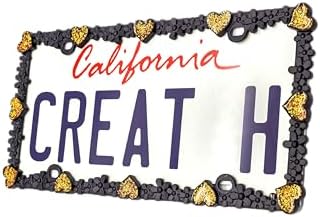 Creathome 3D Shining Daisy Heart License Plate Frame from Pure Zinc Alloy Metal Perfect Plate Holder, Matt Black with Gold Glitter, Luminously Heart