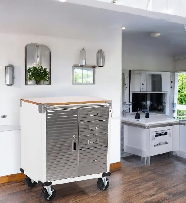 Heavy Duty Rolling Storage Cabinet with Wheels and Drawers, Workstation for Garage, Office, Workshop, 1 Door, 4 Drawer (28" W x 25" D x 34.5" H), White