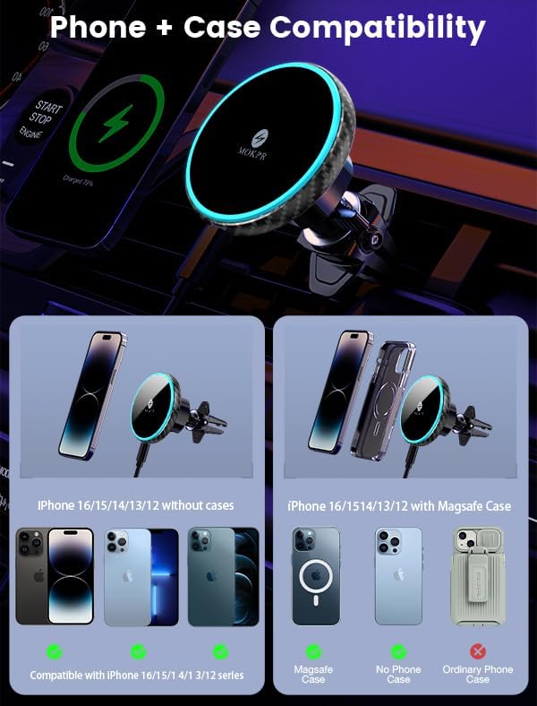 MOKPR for Magsafe Car Mount Charger-15W Wireless Car Charger-Magnetic Car Phone Holder for Dash Air Vent-LED RGB HandsFree Car Mount Fast Car Charger for iPhone 14/13/12 Series Carbon Fiber