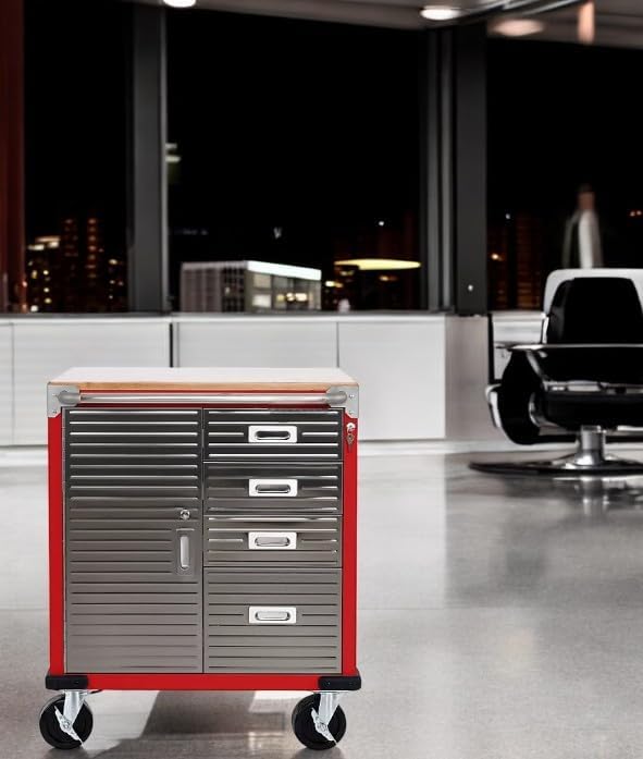 Heavy Duty Rolling Storage Cabinet with Wheels and Drawers, Workstation for Garage, Office, Workshop, 1 Door, 4 Drawer (28" W x 25" D x 34.5" H), Red