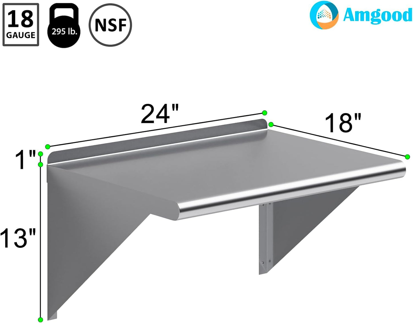 AmGood 24" Long X 18" Deep Stainless Steel Wall Shelf | NSF Certified | Appliance & Equipment Metal Shelving | Kitchen, Restaurant, Garage, Laundry, Utility Room