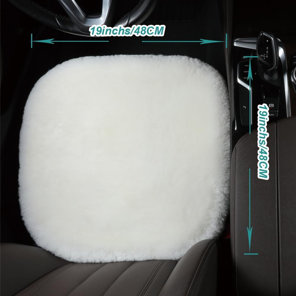 Fluffy Genuine Australia Sheepskin Car Seat Cover for Auto Interior Accessories with Soft Fuzzy Wool Eco-Friendly Natural Fur Non-Slip (White, Front 20 * 20inchs)