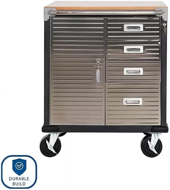 Heavy Duty Rolling Storage Cabinet with Wheels and Drawers, Workstation for Garage, Office, Workshop, 1 Door, 4 Drawer (28" W x 25" D x 34.5" H), Graphite