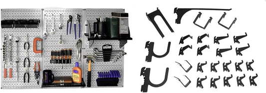 Wall Control Metal Pegboard Tool Organizer Kit (30-WRK-400GB) and Wall Control 26 Piece Deluxe Slotted Hook Assortment (KT-200-DLX)