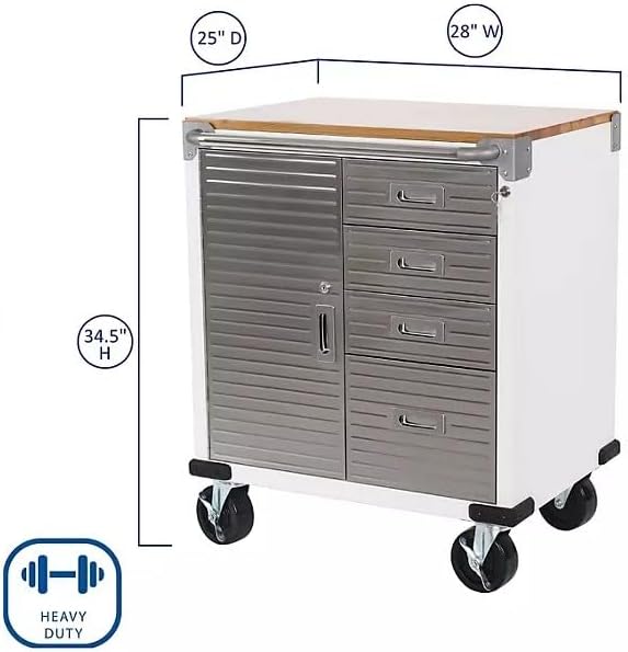 Heavy Duty Rolling Storage Cabinet with Wheels and Drawers, Workstation for Garage, Office, Workshop, 1 Door, 4 Drawer (28" W x 25" D x 34.5" H), White
