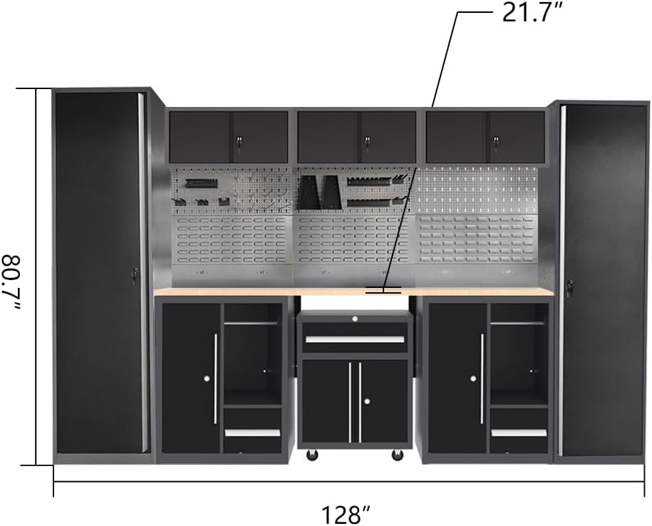 Garage Storage Cabinet Set System with Wooden Tabletop, Included Tool Cart, for Workshop Basement Utility Room