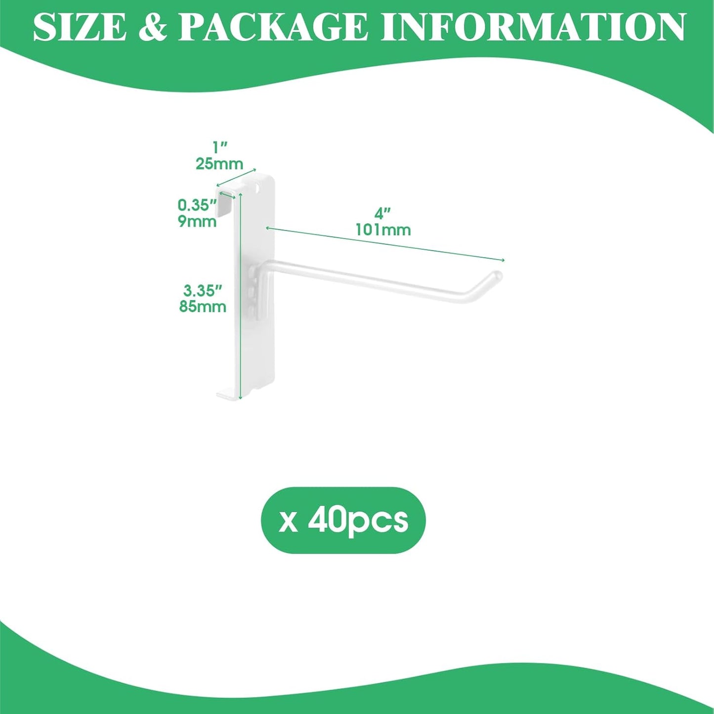 40Pcs 4" Gridwall Display Hooks Assortment Set, White Metal Grid Wall Panel Hanging Display Hook for Garage Shop Retail Storage, Wire Diameter 5mm// 0.2”