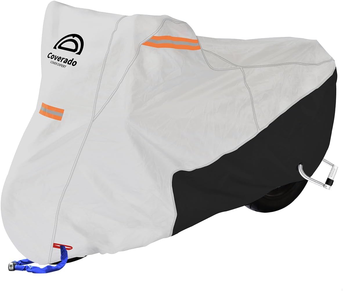 Coverado Motorcycle Cover Waterproof, All Weather Protection Outdoor Full Motorcycle Covers - UV Proof with Flame Retardant Fabric Fit for Harley Davidsion Yamaha Honda Suzuki (up to 93" Motors)