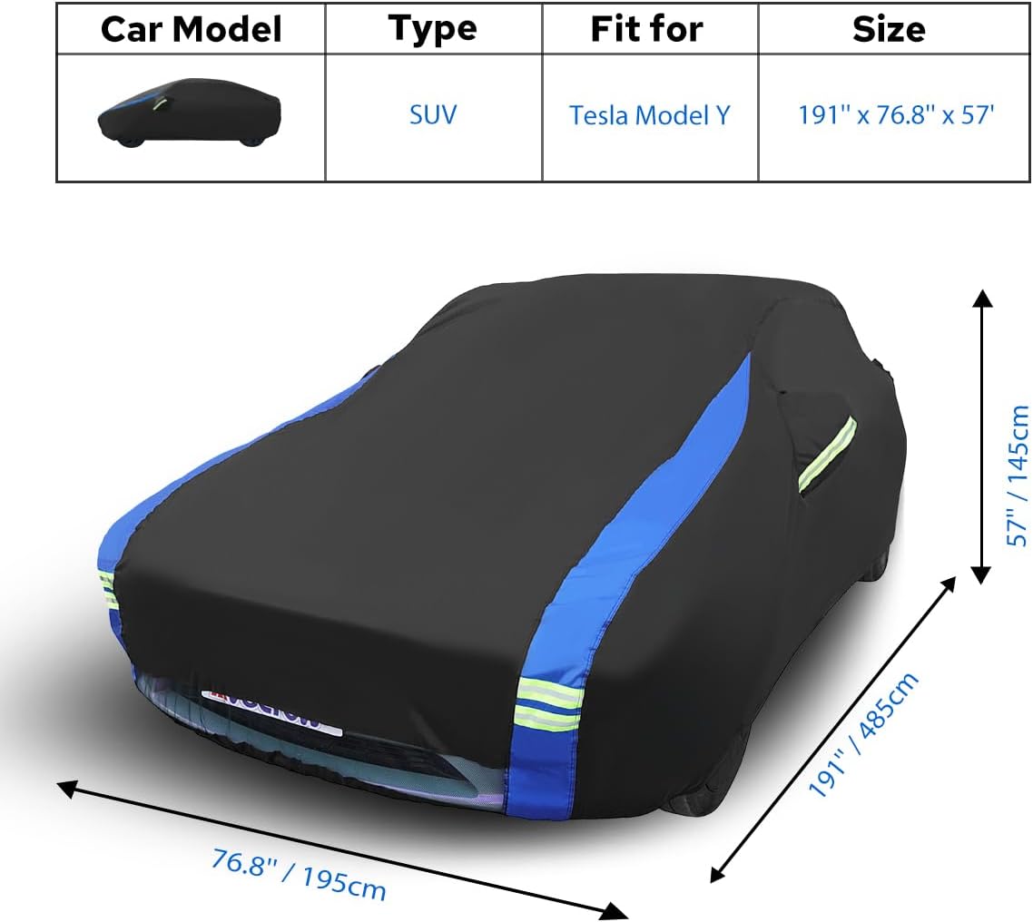 Avecrew Car Cover for Tesla Model Y, Custom Fit Full Exterior Cover with Charging Port and Breathable Ventilation Mesh, Waterproof All Weather Outdoor Rain Snow Sun Protection Cover