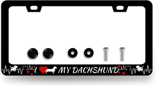 I Love My Dachshund License Plate Frame Animal Dog License Plate Holder Stainless Steel Funny Colorful Car Accessories Decoration 6.3" X 12.3" with 2 Holes Screws