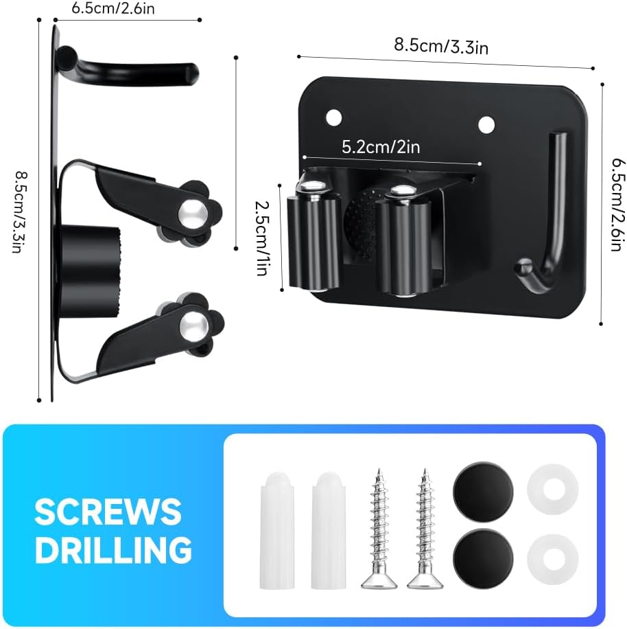 4-Pack Broom Holder with Heavy Duty Hooks, Upgraded Stainless Steel Mop Hanger. Wall Mount Utility Tool Rack for Kitchen Garden Laundry Garage. Matte Black.